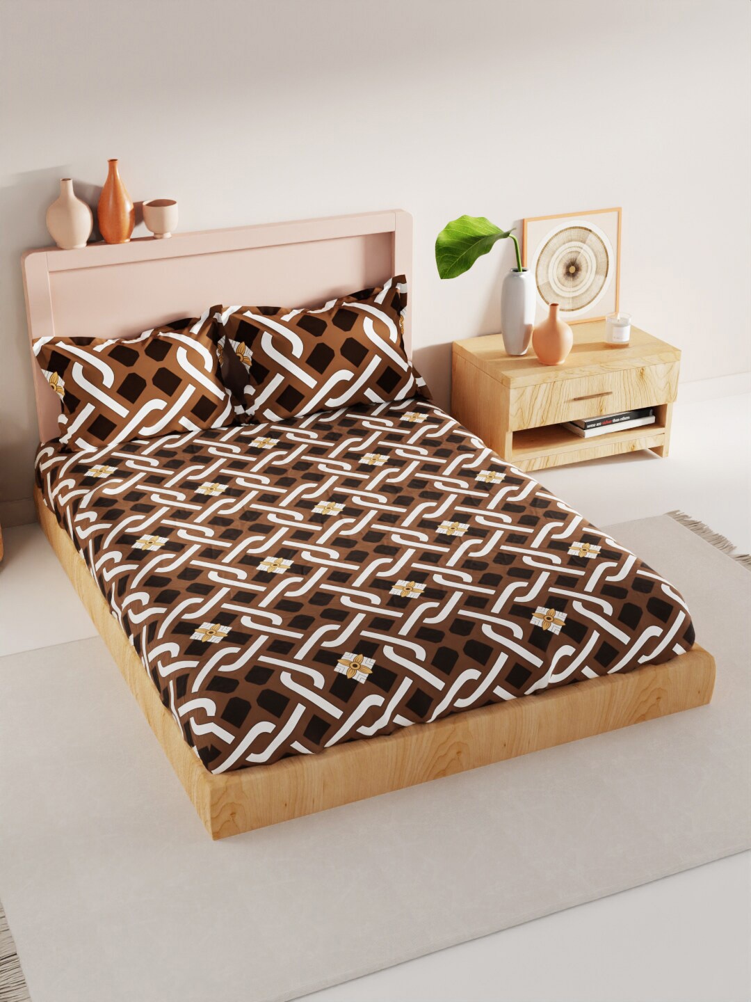 

BIANCA Brown & White Geometric Microfiber 200 TC King Bedsheet With 2 Pillow Covers