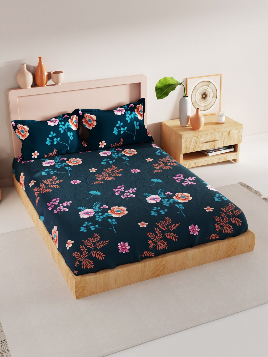 

BIANCA Geo Tokyo Teal & Pink Floral 200 TC King Bedsheet with 2 Pillow Covers