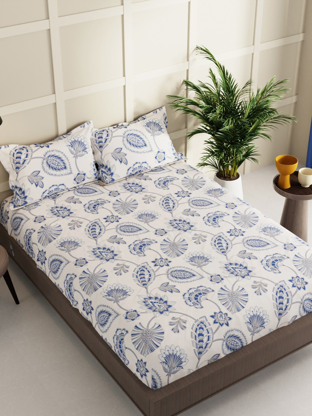 

BIANCA Off White & Blue Ethnic Motifs 152 TC Queen Bedsheet with 2 Pillow Covers