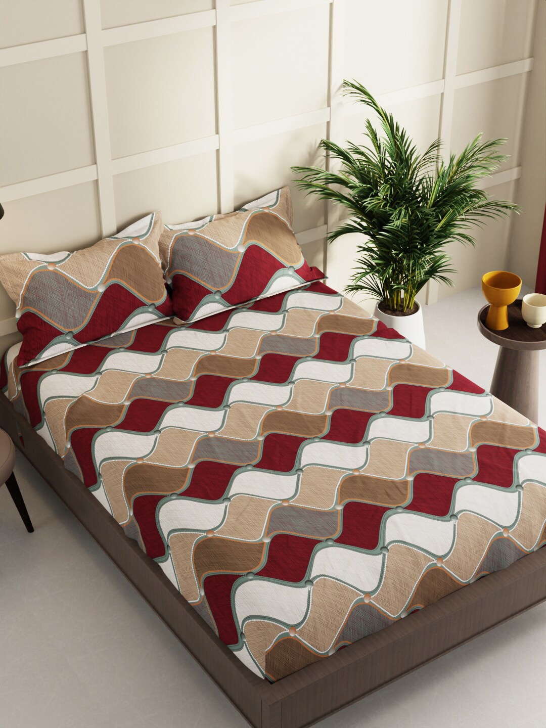 

BIANCA Envogue Brown & Red Geometric Printed 152 TC Queen Bedsheet & 2 Pillow Covers