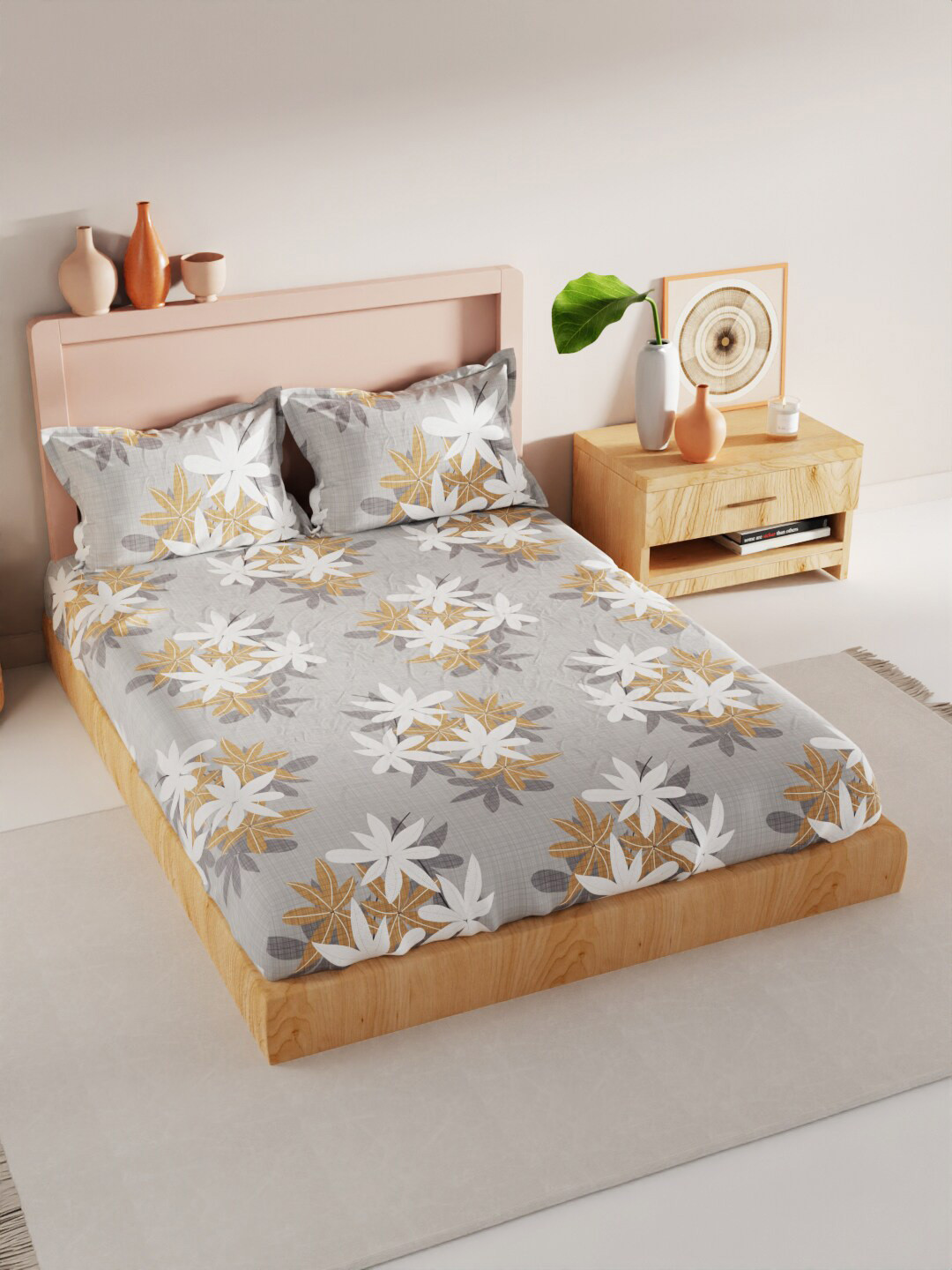 

BIANCA Geo Tokyo Grey & Brown Floral Printed 200 TC King Bedsheet & 2 Pillow Covers