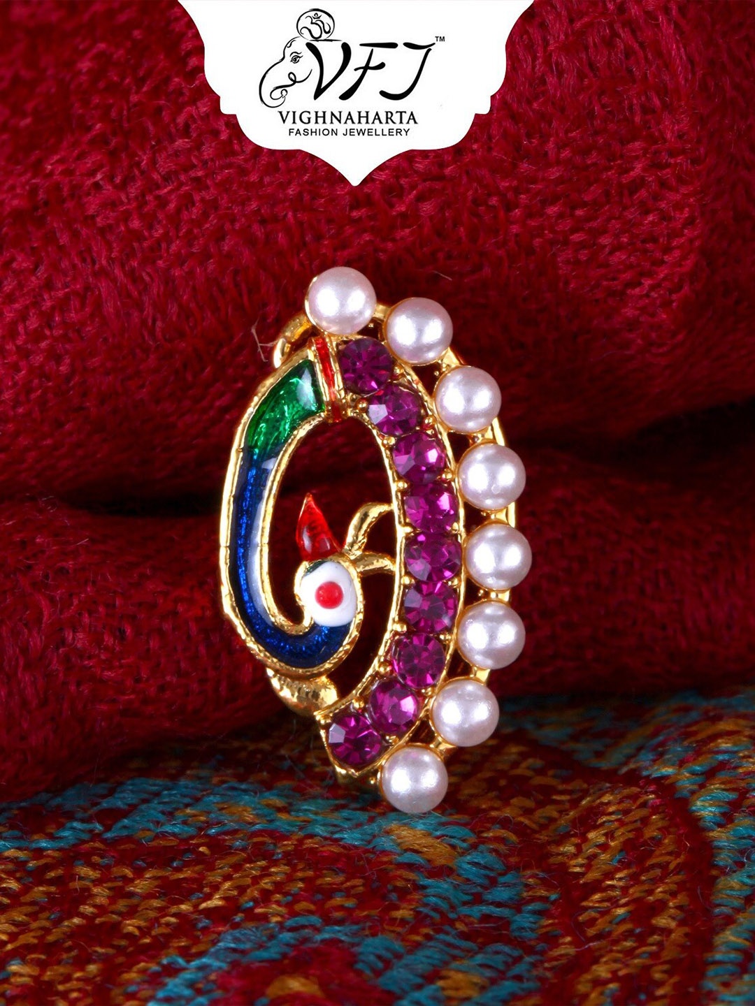 

Vighnaharta Gold-Plated CZ-Studded & Beaded Maharashtrian Nosepin