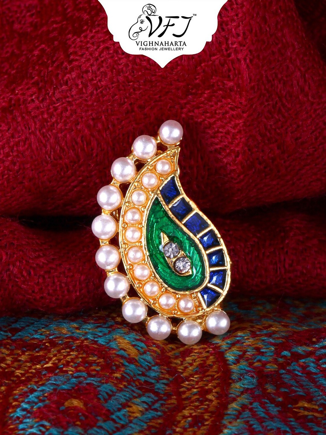 

Vighnaharta Gold-Plated CZ-Studded & Pearl Beaded Nosepin