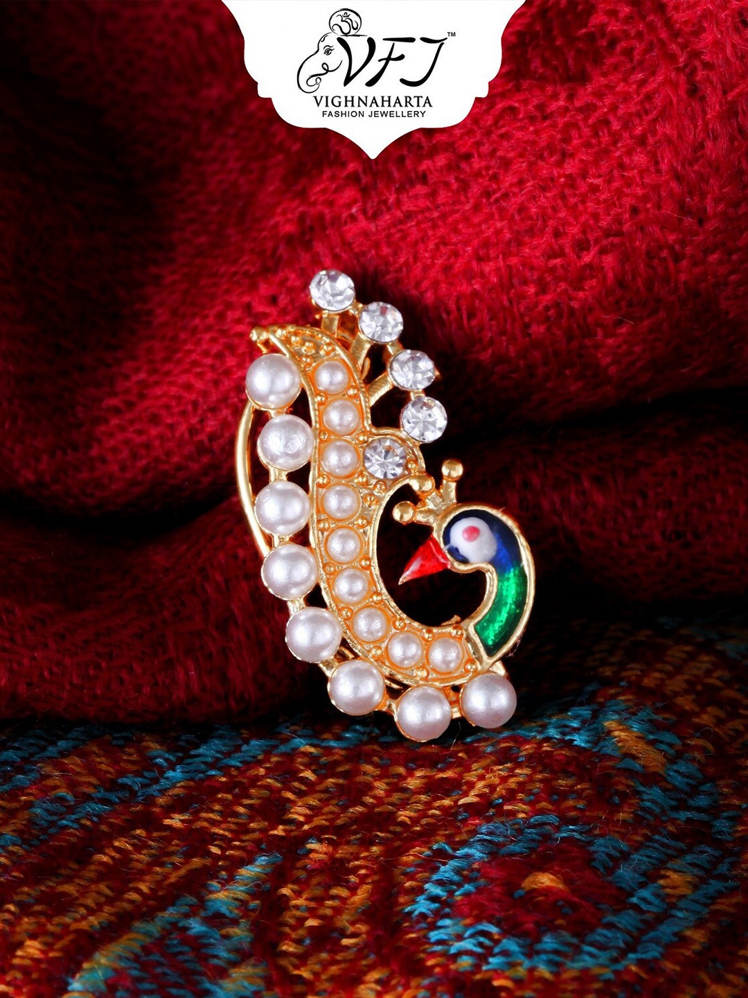 

Vighnaharta Gold-Plated Crystals-Studded Mayur Design Maharashtrian Nosepin
