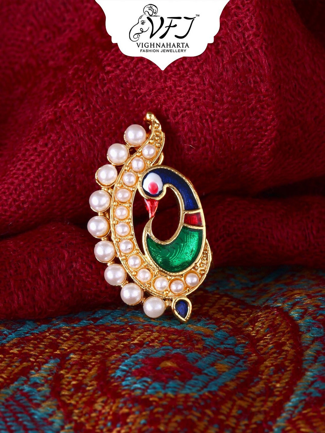

Vighnaharta Gold-Plated Pearl Beaded Peacock Shaped Nosepin