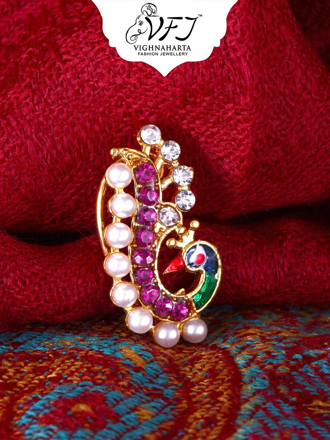 

Vighnaharta Gold-Plated Crystals-Studded Mayur Design Maharashtrian Nosepin