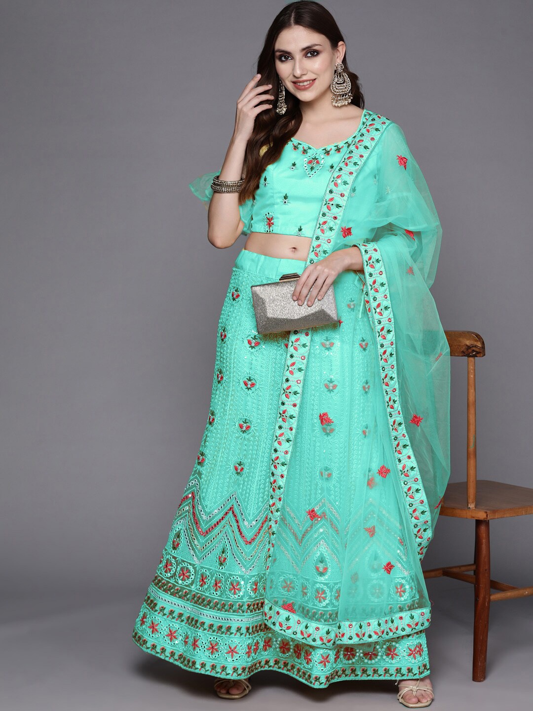 Chhabra 555 Embellished Semi-Stitched Lehenga Choli, Turquoise blue