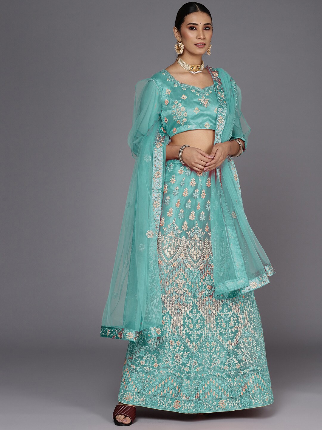 

Chhabra 555 Embellished Semi Stitched Lehenga Choli, Turquoise blue