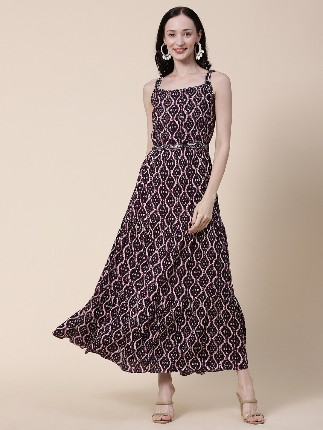 

FASHOR Violet Printed Crepe A-line Mirror Work Maxi Ethnic Dress With Belt