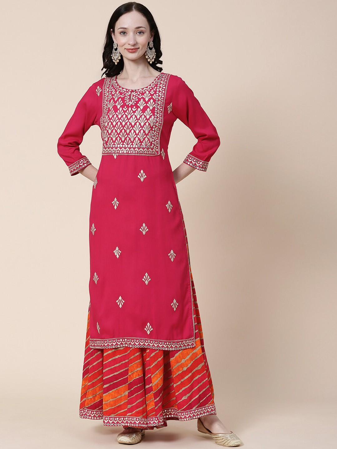 

FASHOR Magenta & Orange Ethnic Motifs Embroidered Straight Kurta with Palazzos