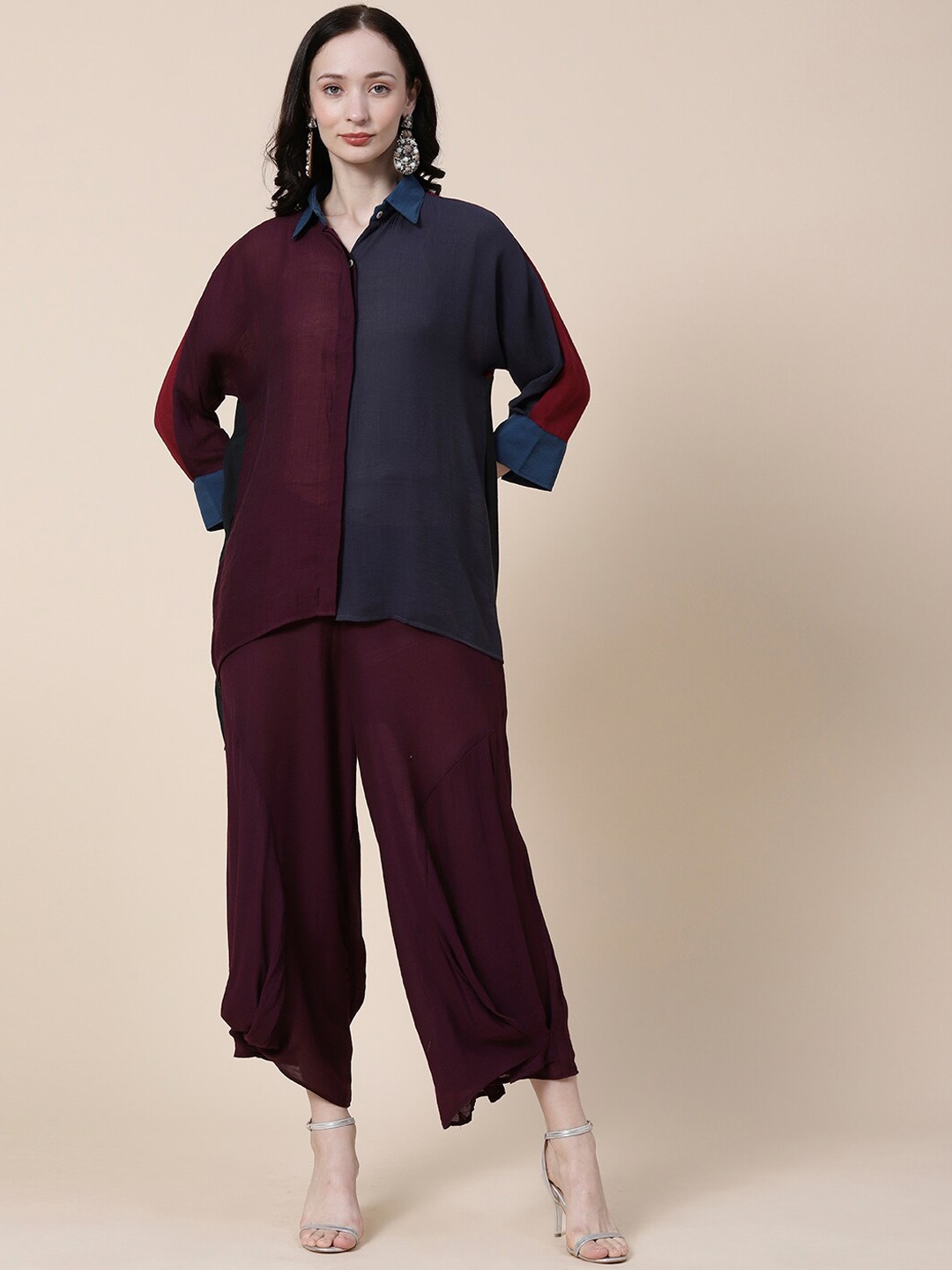 

FASHOR Burgundy Colourblocked Collar Neck Shirt With Palazzos