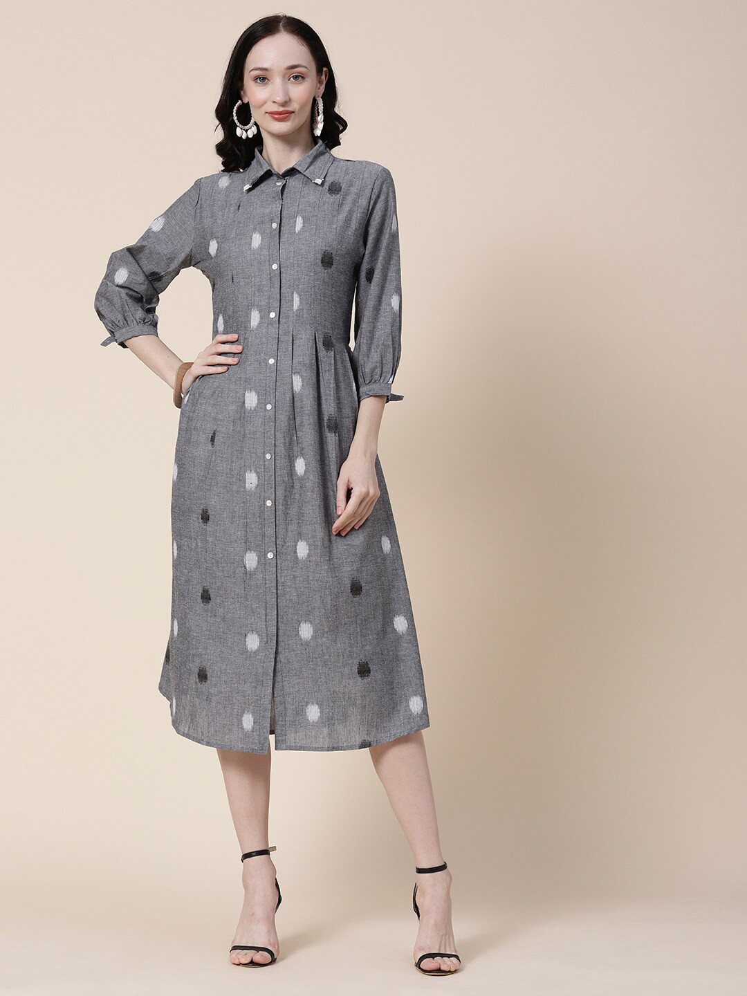 

FASHOR Grey Melange Printed Cotton Shirt Midi Dress