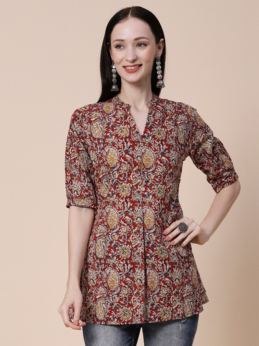 

FASHOR Maroon Ethnic Motifs Printed A-Line Kurti