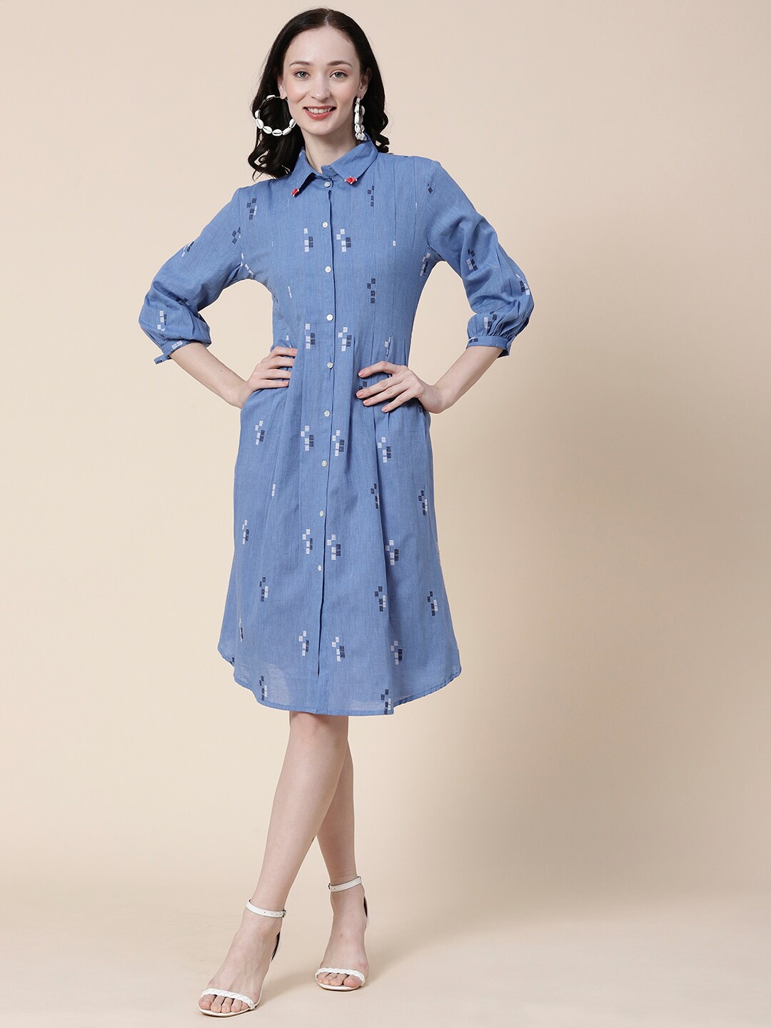 

FASHOR Blue Printed Cotton Shirt Dress