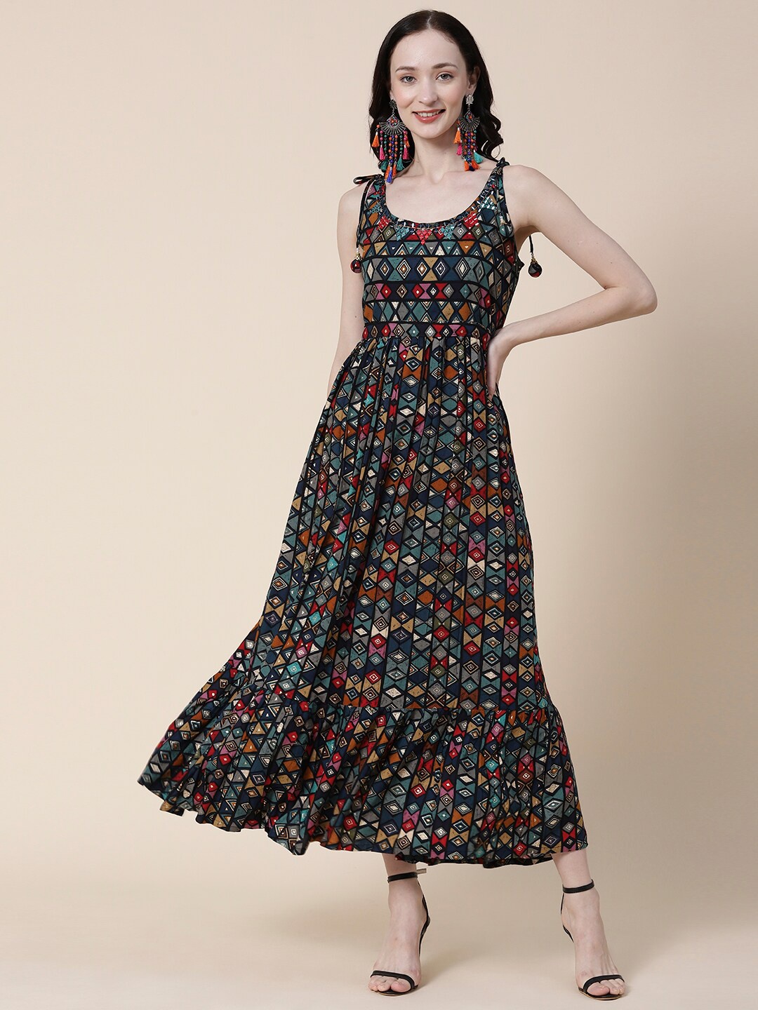 

FASHOR Black Printed Tiered Tie-Up Shoulder Strap Maxi Ethnic Dress With Belt