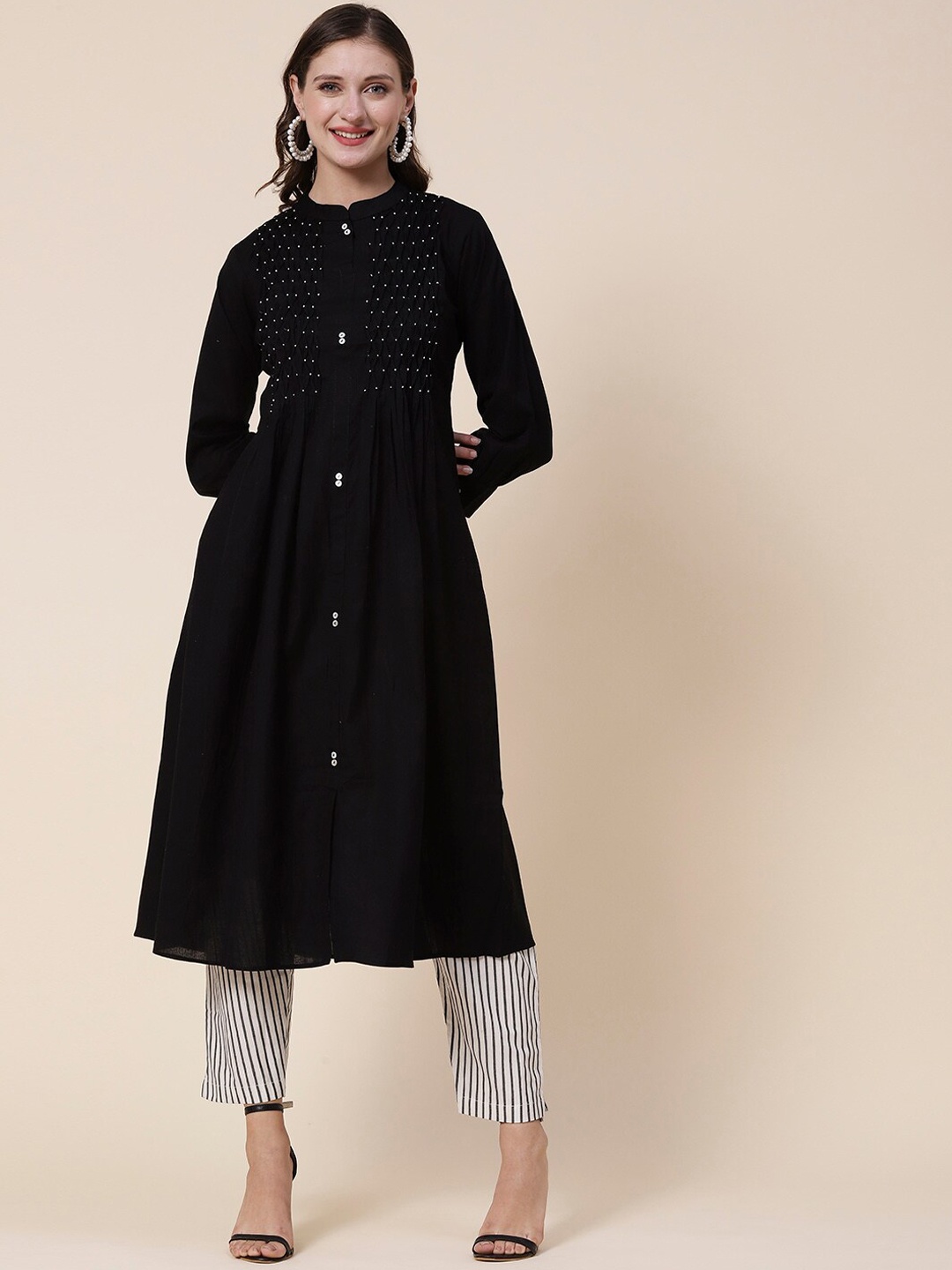 

FASHOR Black & White Beads and Stones Detailed Pure Cotton A-Line Kurta with Trousers