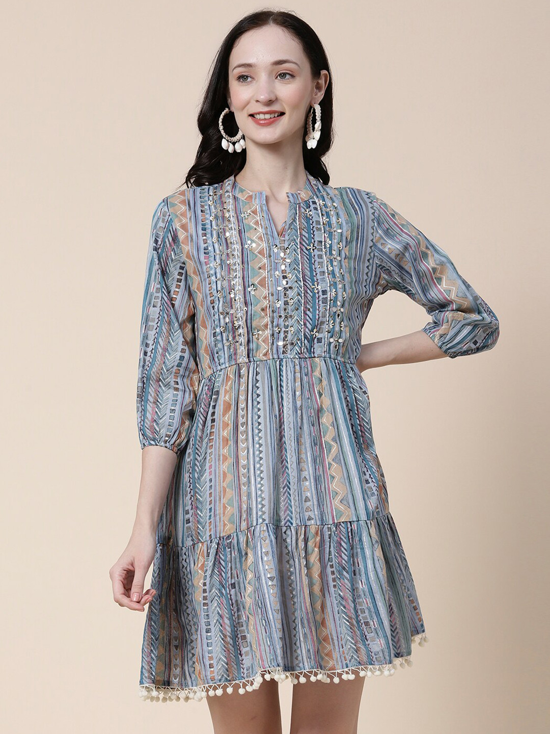 

FASHOR Blue Printed Crepe Mirror Work Fit & Flare Ethnic Dress