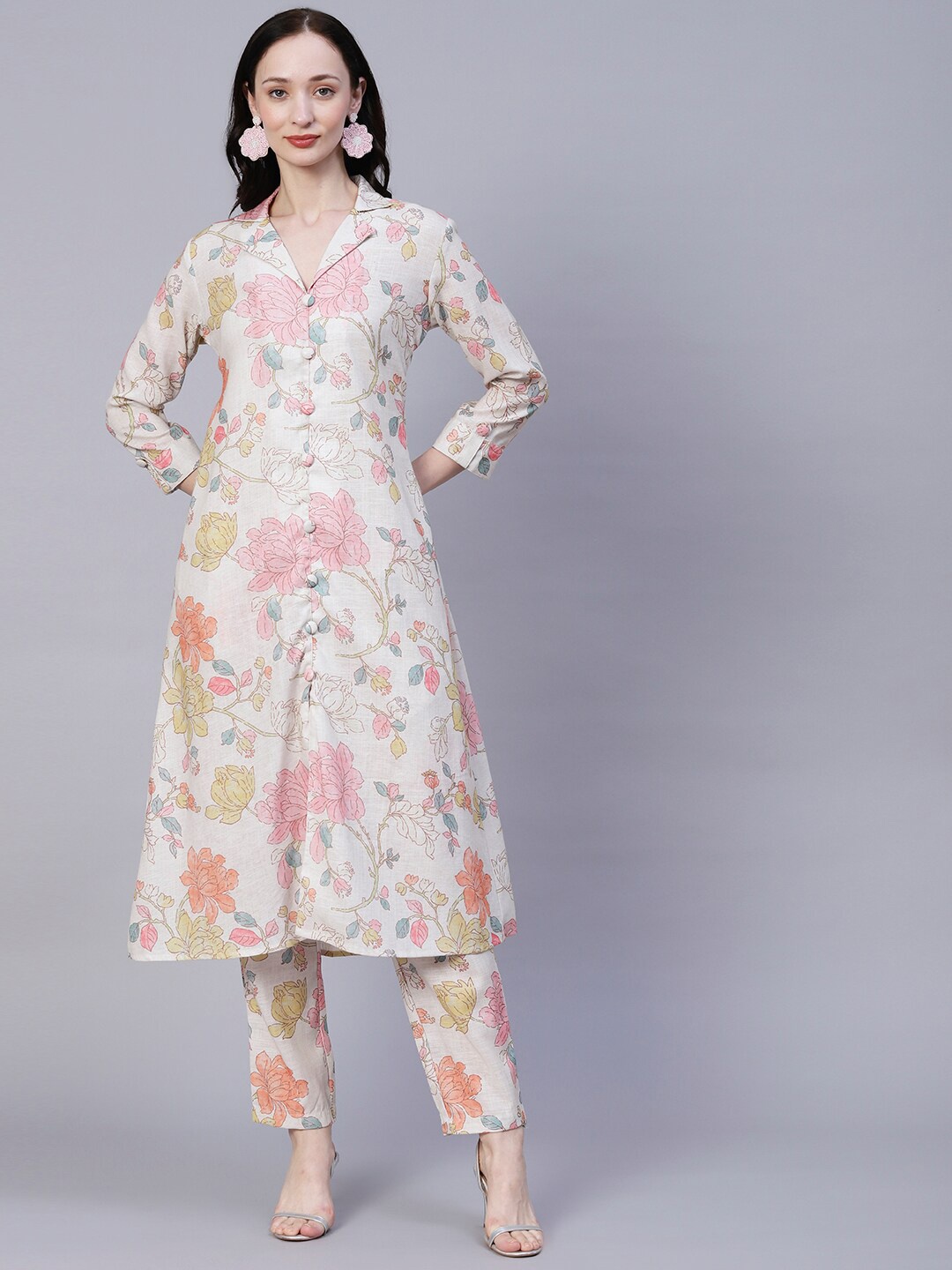 

FASHOR Off White Floral Printed Cuban Collar Linen Regular Kurta with Trouser