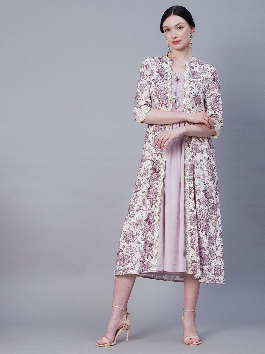 

FASHOR Lavender Smocked A-Line Midi Dress With Floral Printed Longline Jacket