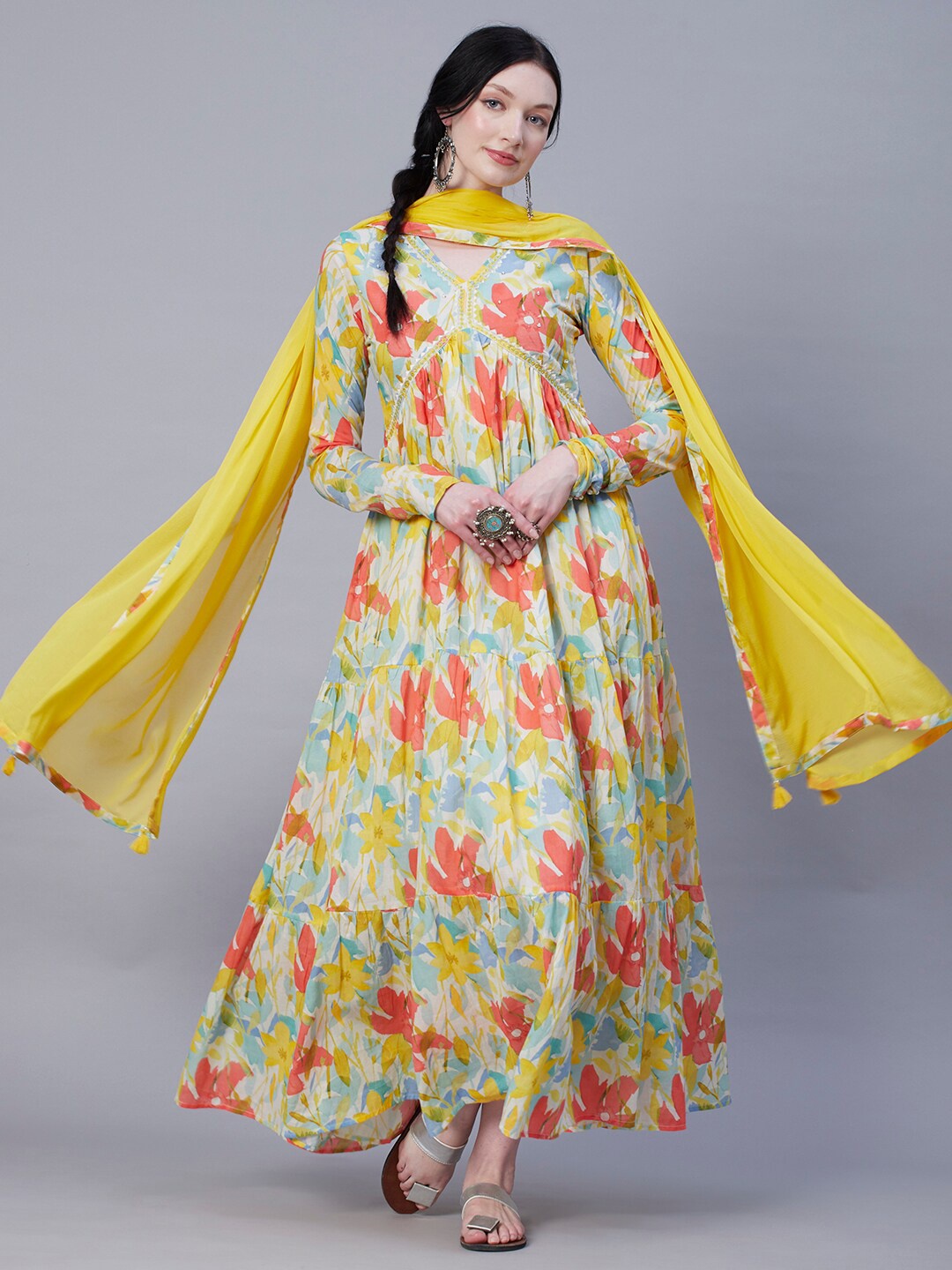 

FASHOR Yellow Floral Printed V-Neck Maxi Dress With Dupatta