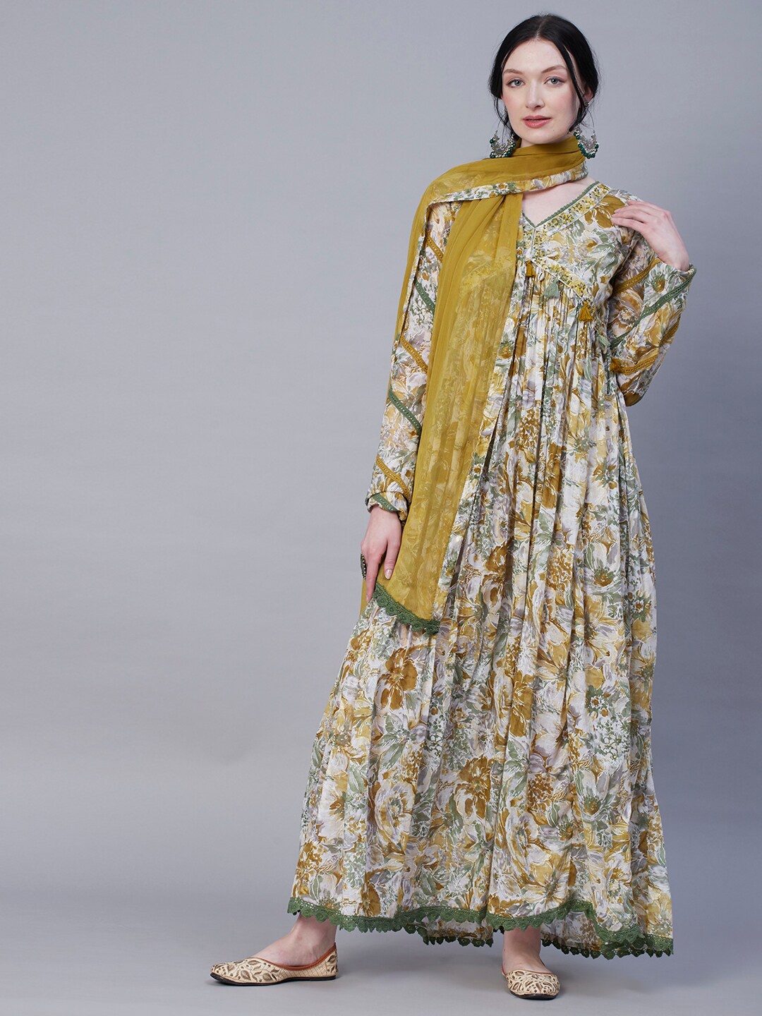 FASHOR Olive Green Floral Printed Maxi Ethnic Dress With Dupatta