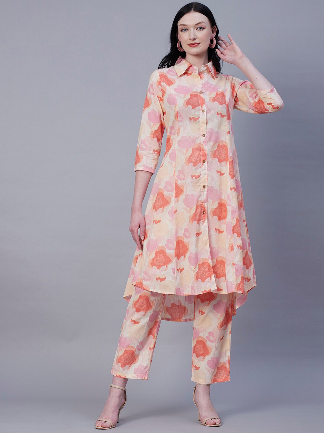 

FASHOR Peach Abstract Printed Pathani Pure Cotton Regular Kurta with Trousers