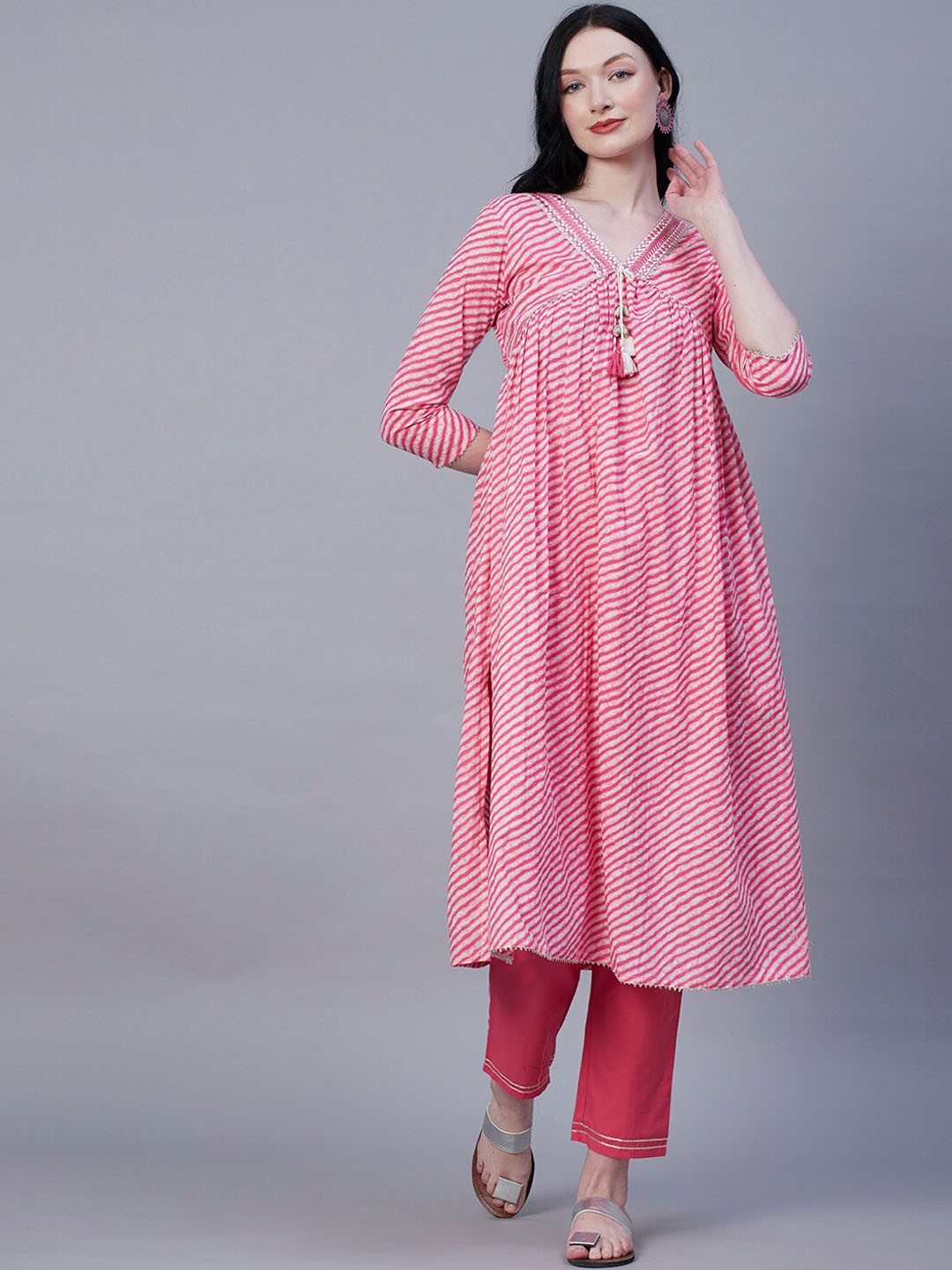 

FASHOR Pink Leheriya Printed Zari Work Pure Cotton Empire Kurta with Trousers