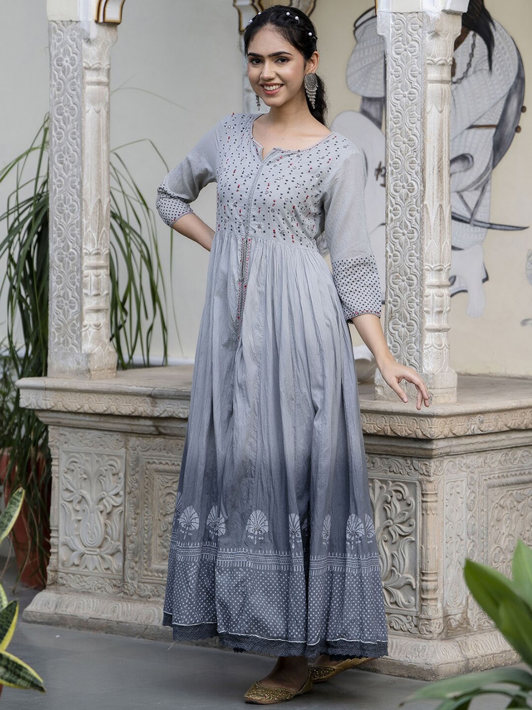 

PREKSHA Mirror Work Anarkali Kurta, Grey