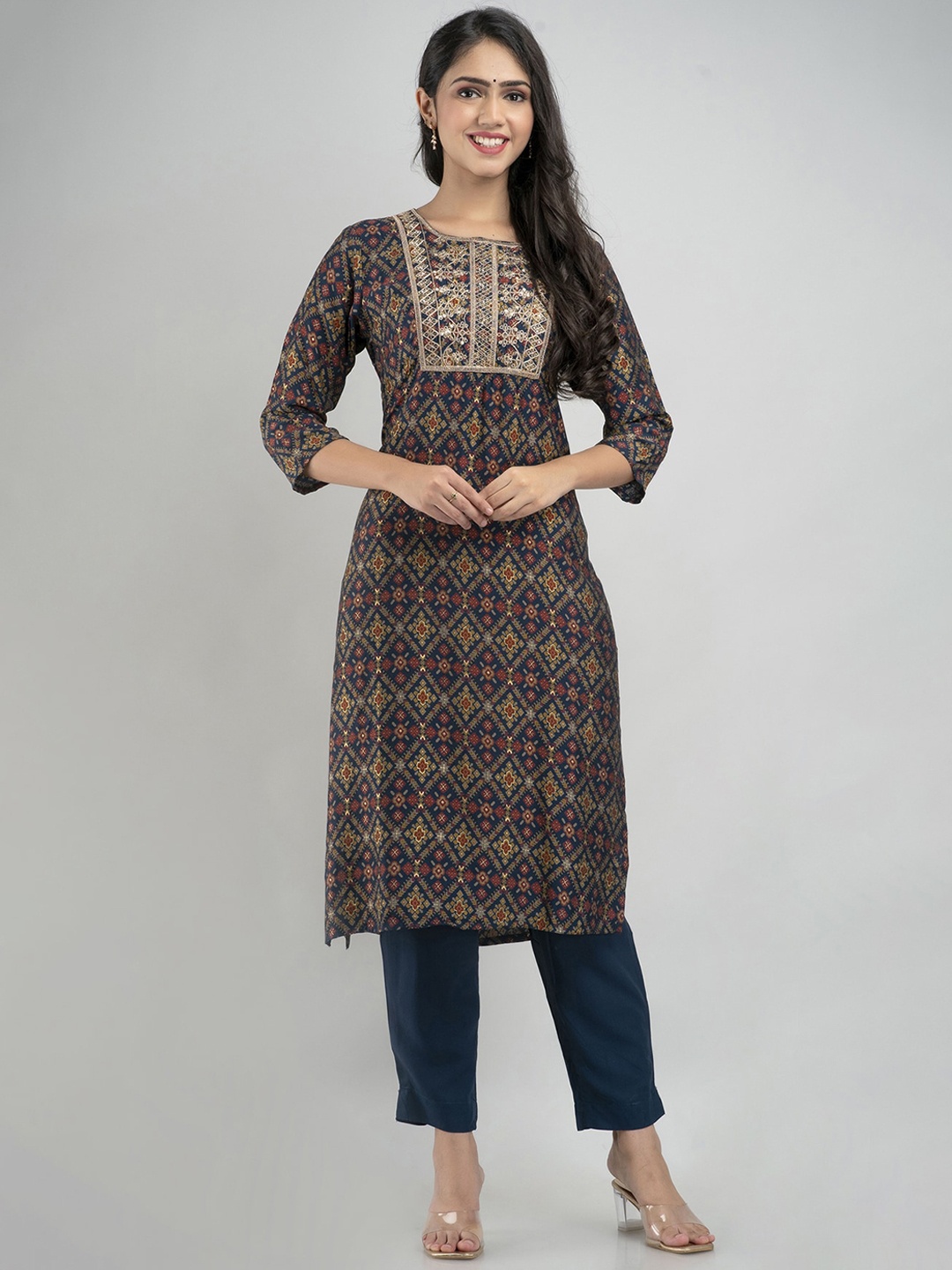 

PREKSHA Ethnic Motifs Printed Flared Sleeves Sequinned Pastels Kurta, Blue