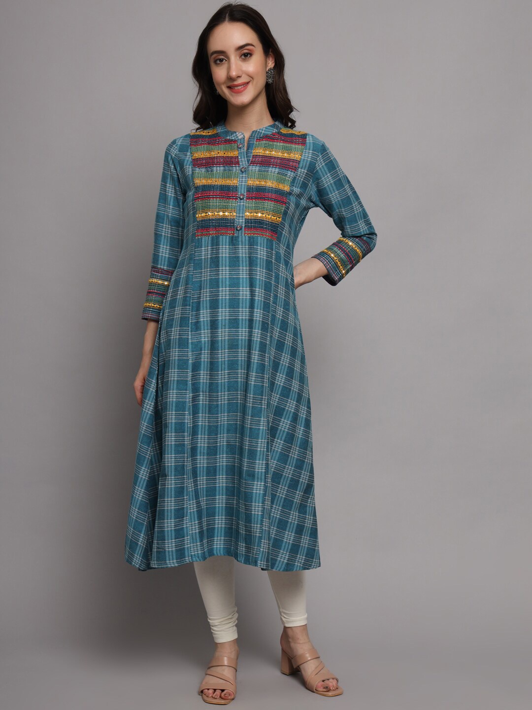 

PREKSHA Mirror Work Mandarin Collar A-Line Kurta, Blue