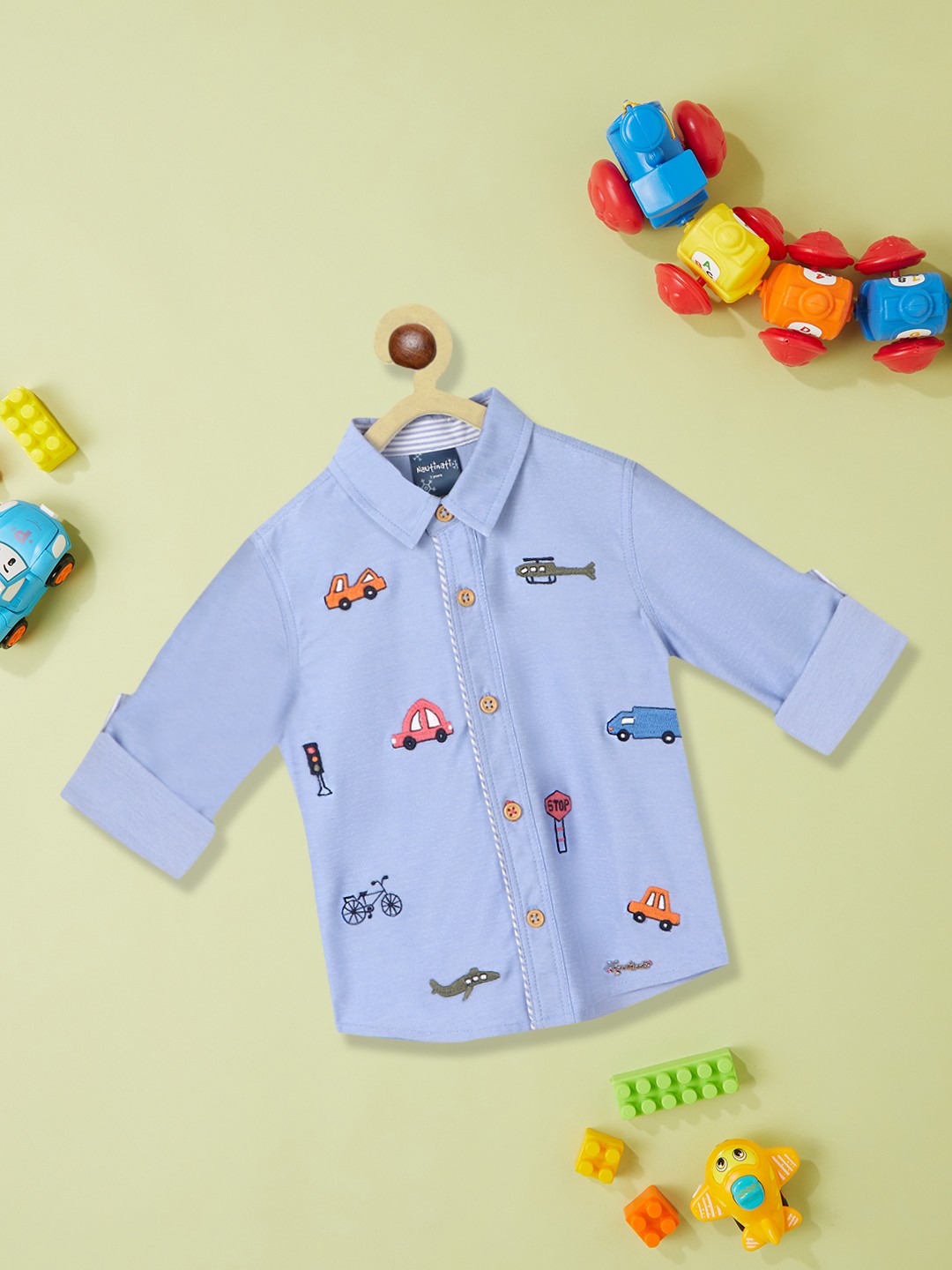 

Nauti Nati Boys Standard Embroidered Roll Up Sleeves Casual Shirt, Blue