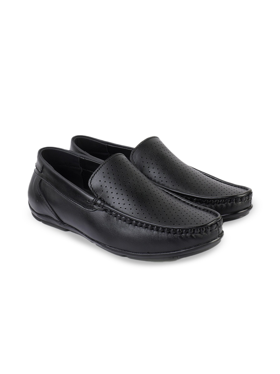 

BRATVA Men Perforated Leather Loafers, Black