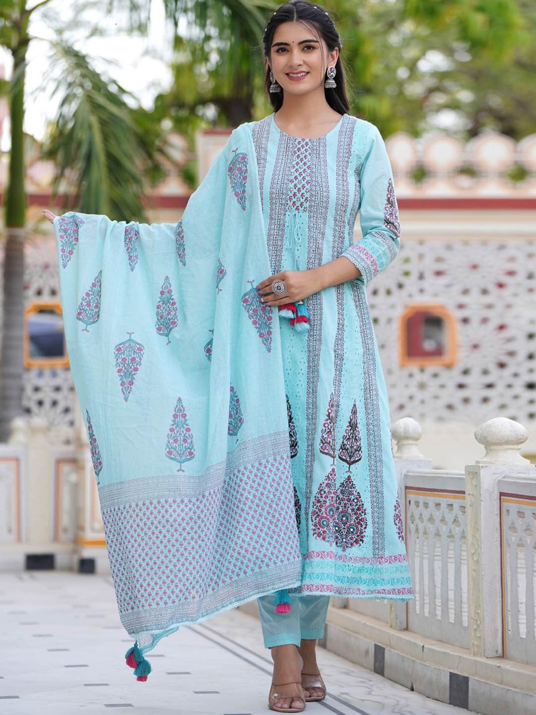 

PREKSHA Ethnic Motifs Printed Sequinned Pure Cotton Kurta With Trousers & Dupatta, Blue