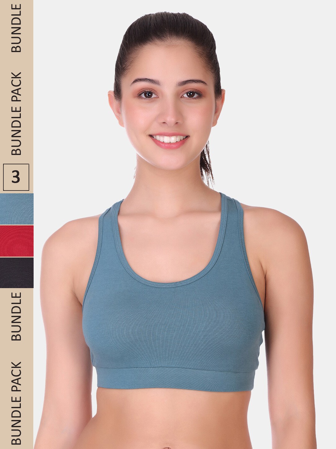 

POOJA RAGENEE Pack Of 3 Non Padded Non-Wired Sports Workout Bra, Black