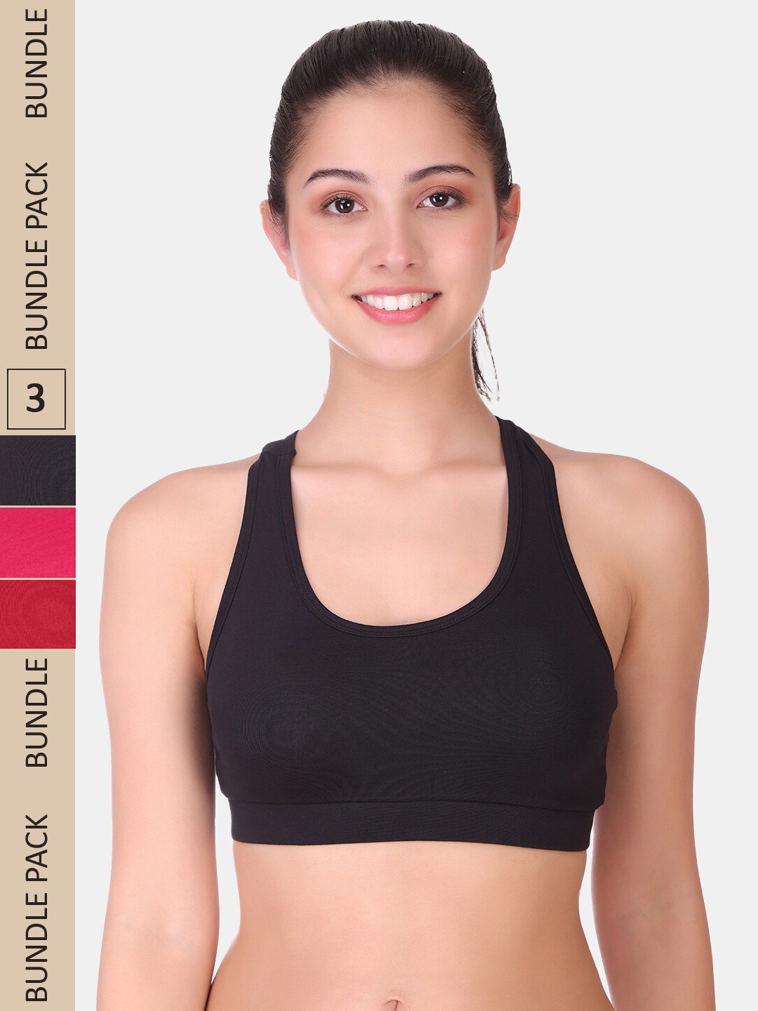 

POOJA RAGENEE Pack Of 3 Non Padded Full Coverage All Day Comfort Seamless Sports Bra, Magenta