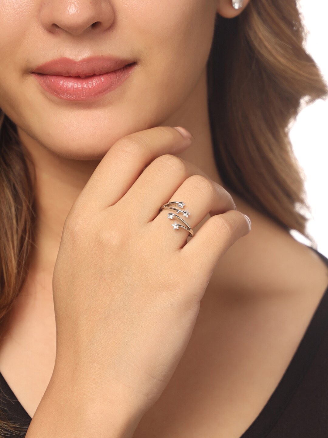 

NVR Women Silver-Plated & CZ-Studded Adjustable Finger Ring