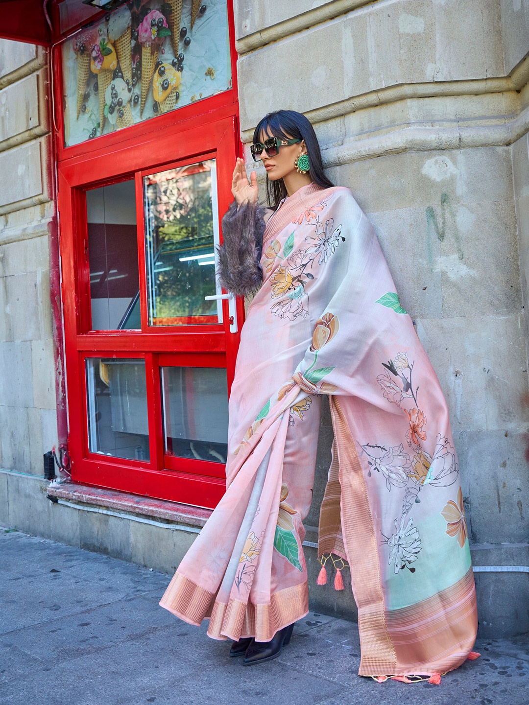 

elora Floral Zari Organza Bhagalpuri Saree, Pink