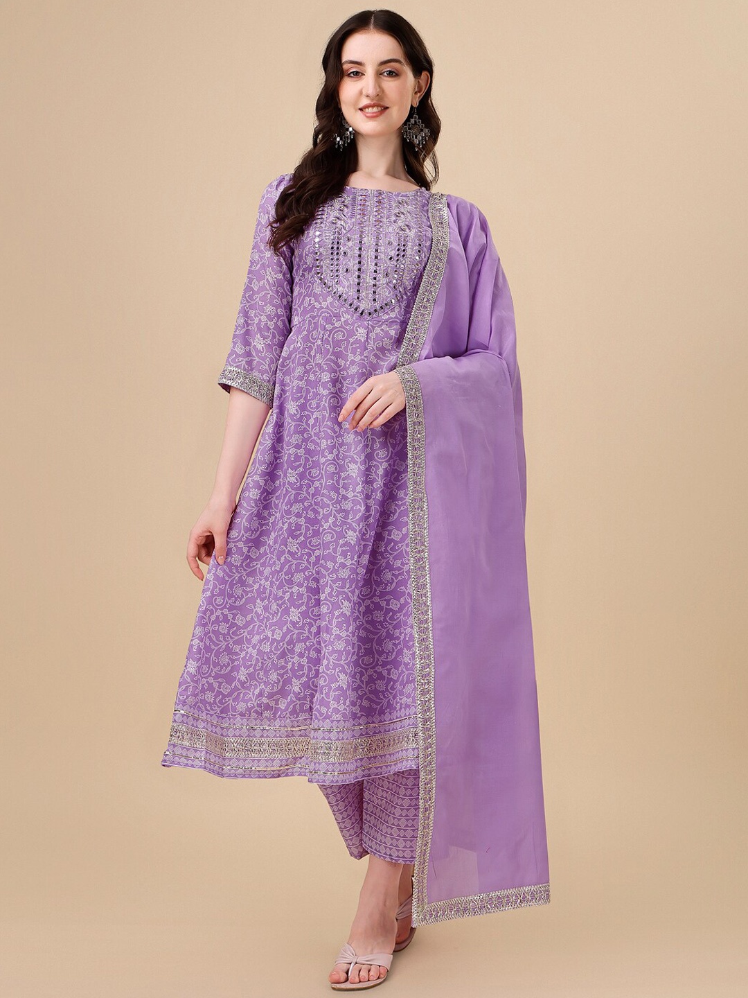 

HERE&NOW Purple Floral Printed Pure Cotton A-Line Kurta & Trousers With Dupatta