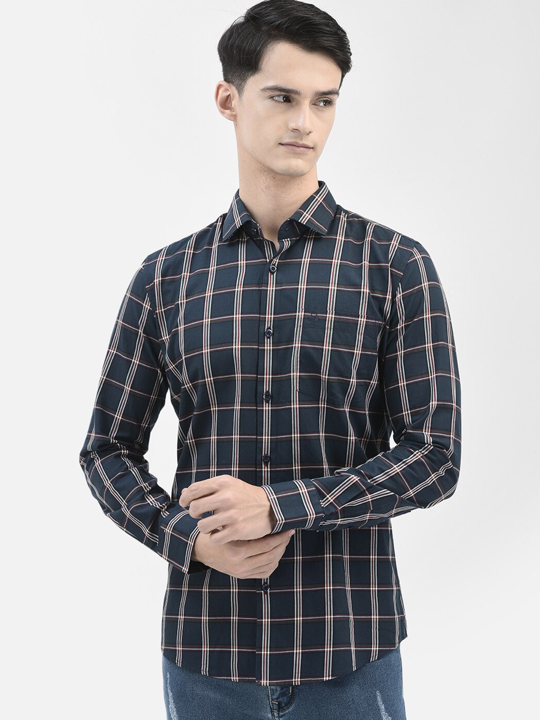 

Crimsoune Club Slim Fit Tartan Checked Casual Pure Cotton Shirt, Navy blue