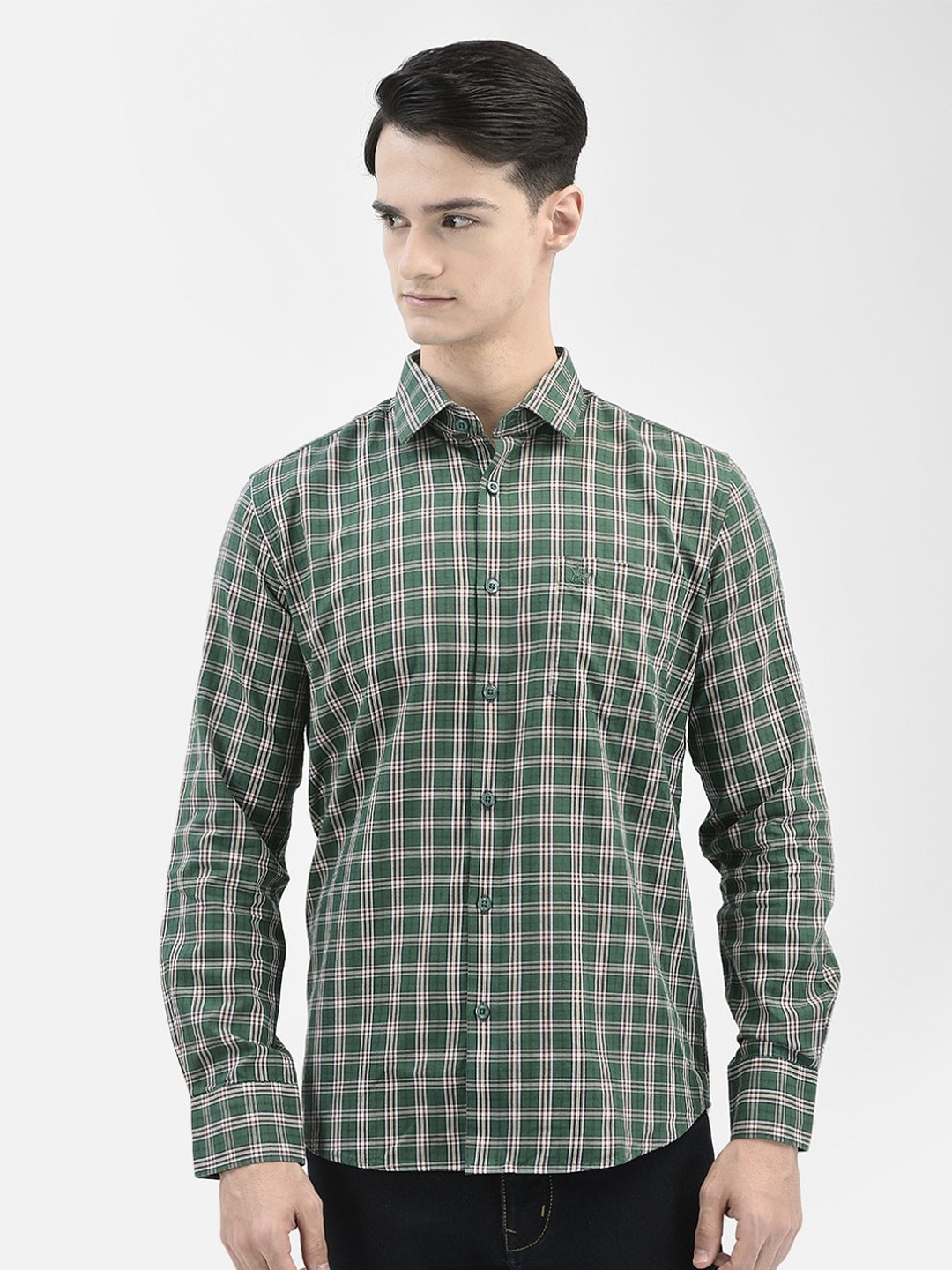 

Crimsoune Club Checked Slim Fit Pure Cotton Casual Shirt, Green