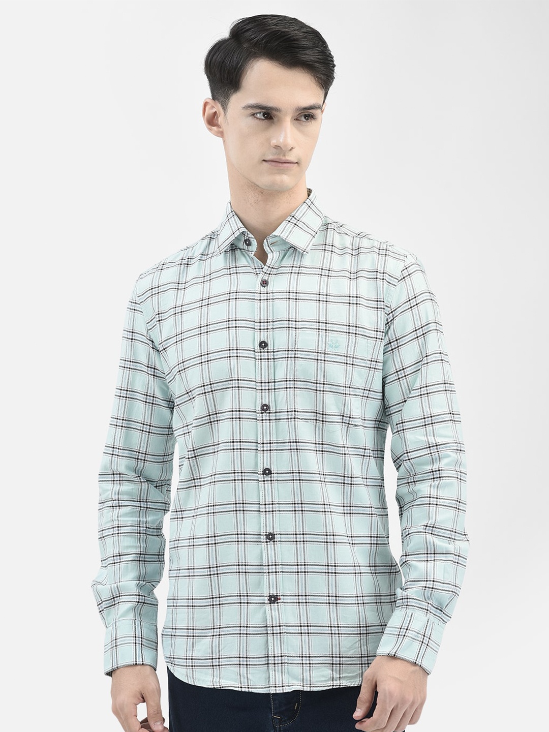 

Crimsoune Club Checked Pure Cotton Slim Fit Casual Shirt, Green