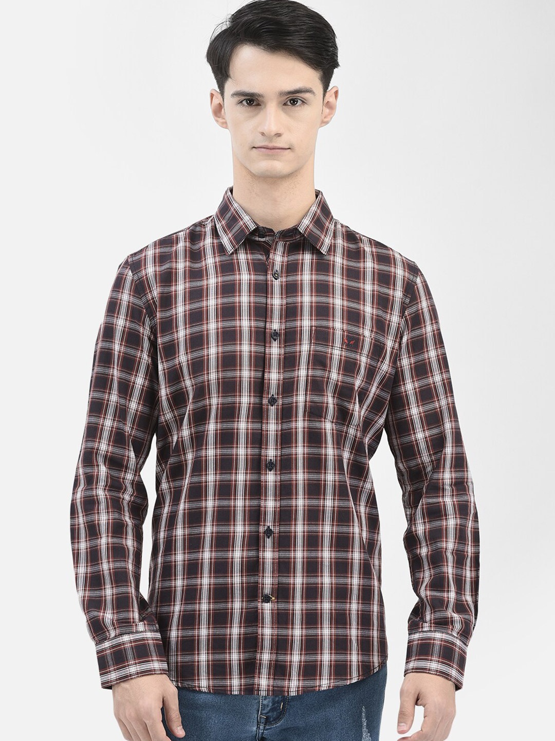

Crimsoune Club Slim Fit Checked Casual Pure Cotton Shirt, Brown