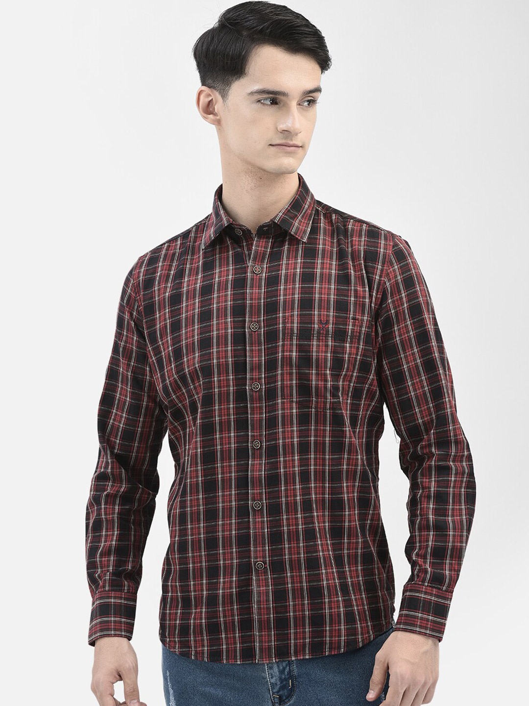

Crimsoune Club Slim Fit Tartan Checked Pure Cotton Casual Shirt, Red