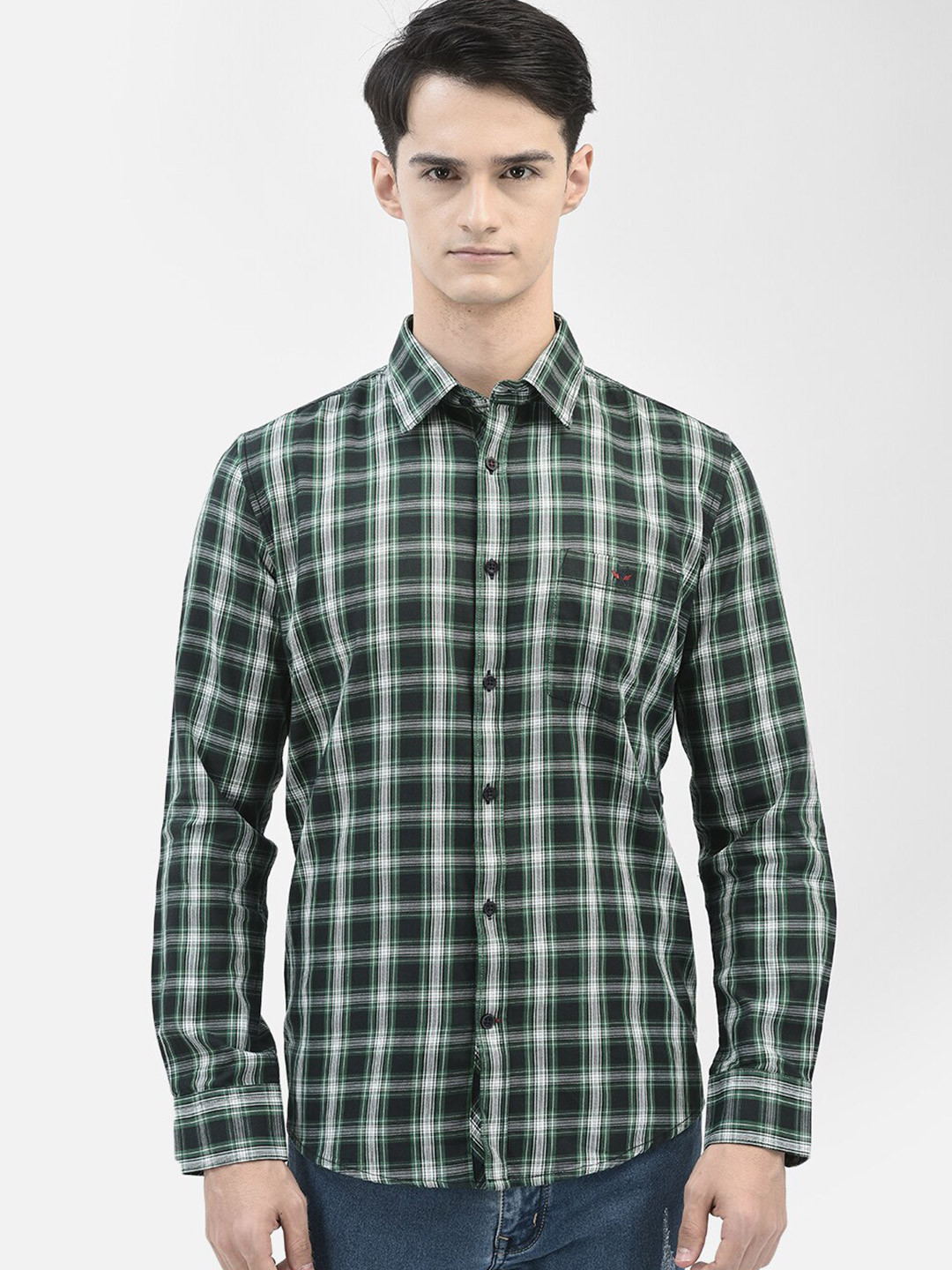 

Crimsoune Club Slim Fit Opaque Tartan Checked Casual Pure Cotton Shirt, Green