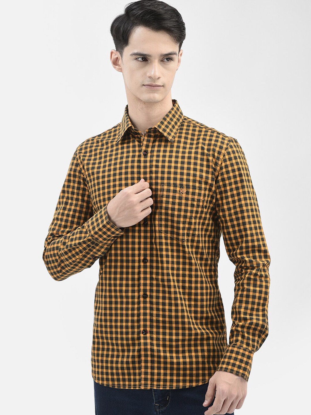 

Crimsoune Club Slim Fit Opaque Checked Casual Shirt, Mustard