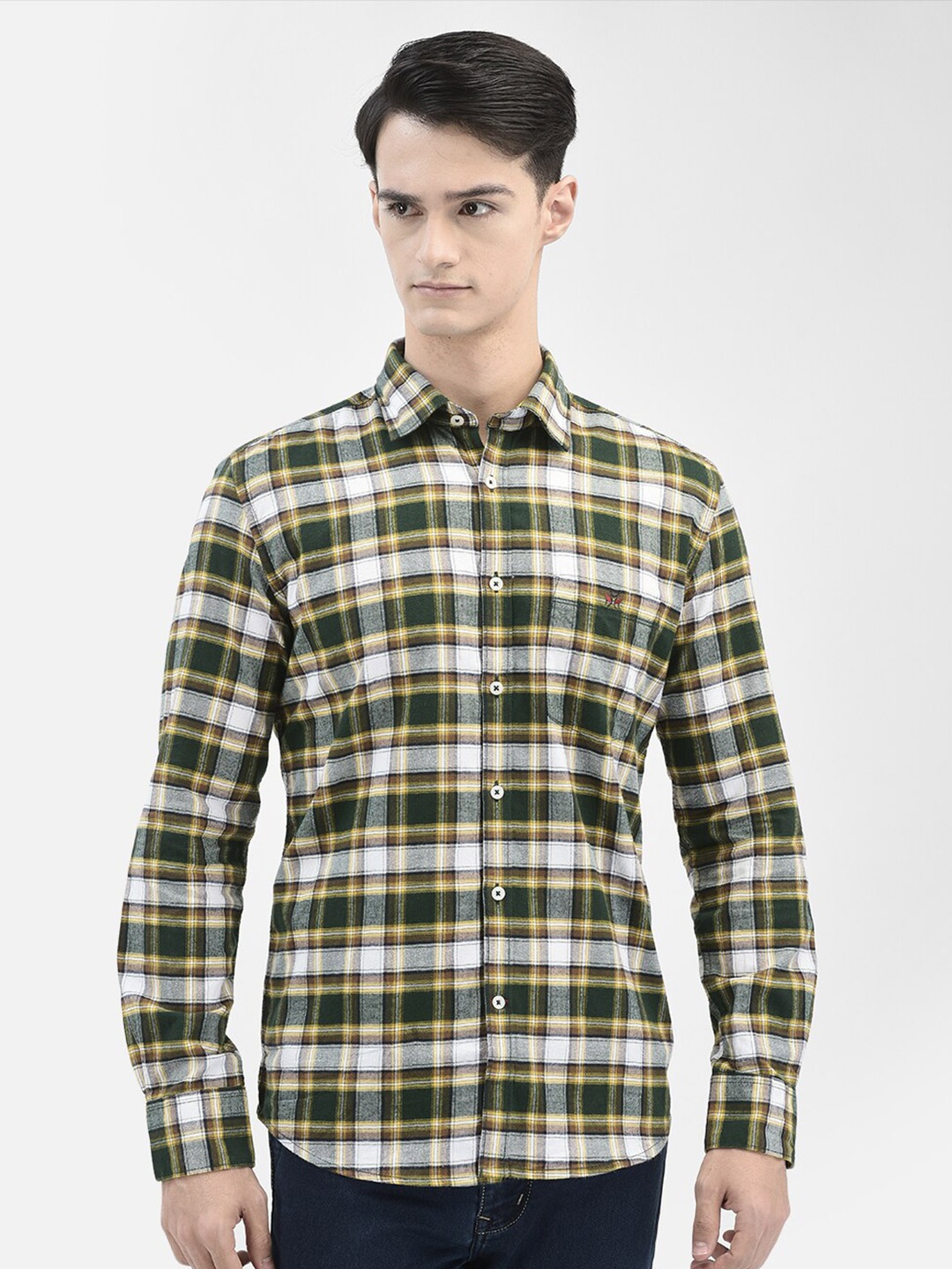 

Crimsoune Club Slim Fit Tartan Checked Pure Cotton Casual Shirt, Green