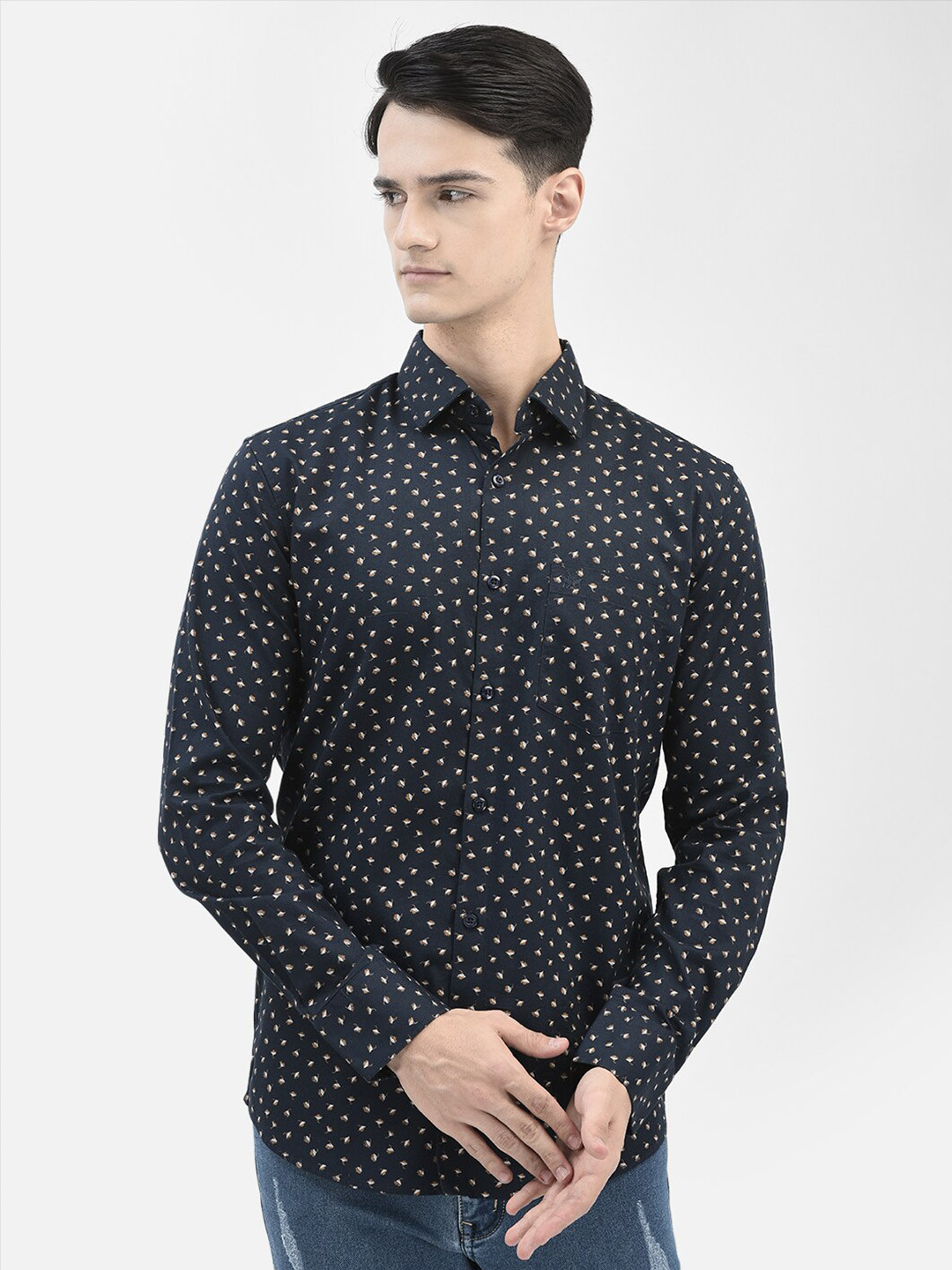 

Crimsoune Club Slim Fit Micro Ditsy Printed Pure Cotton Casual Shirt, Navy blue