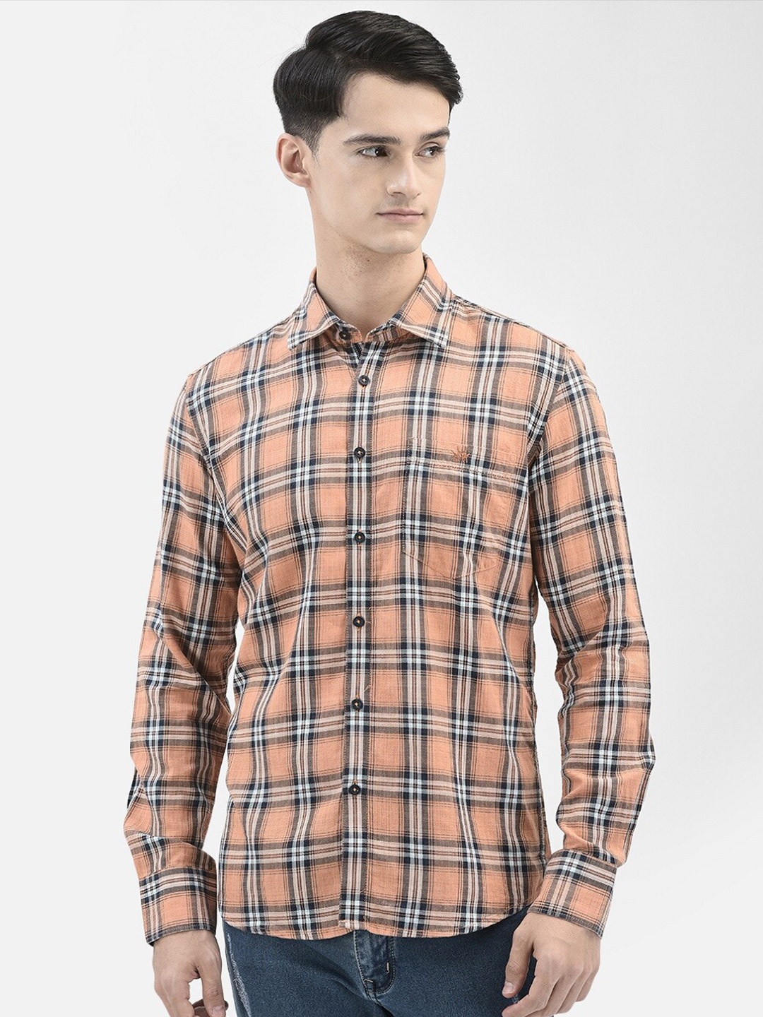 

Crimsoune Club Slim Fit Opaque Checked Casual Shirt, Peach