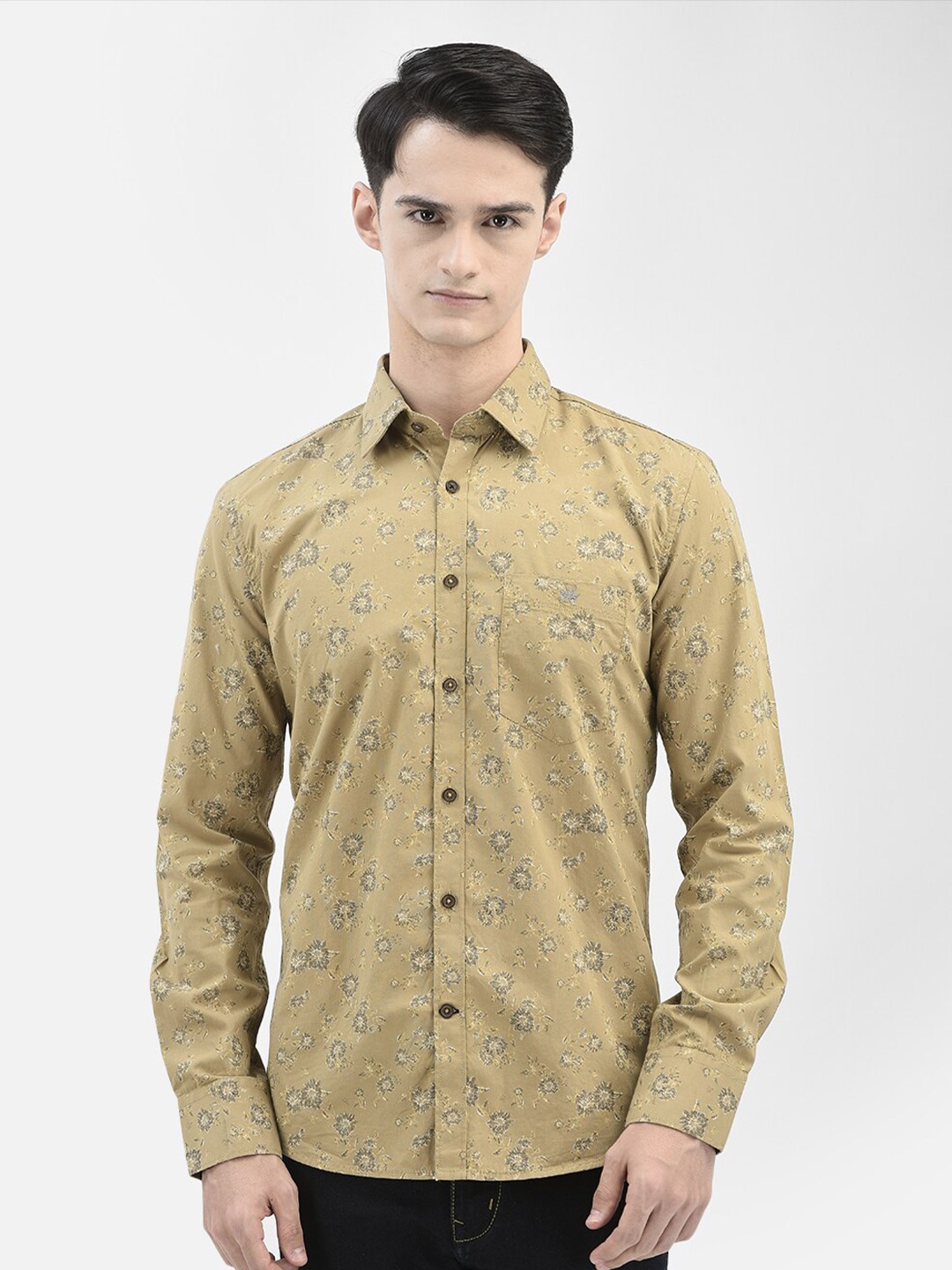 Crimsoune Club Slim Fit Floral Printed Pure Cotton Casual Shirt, Khaki