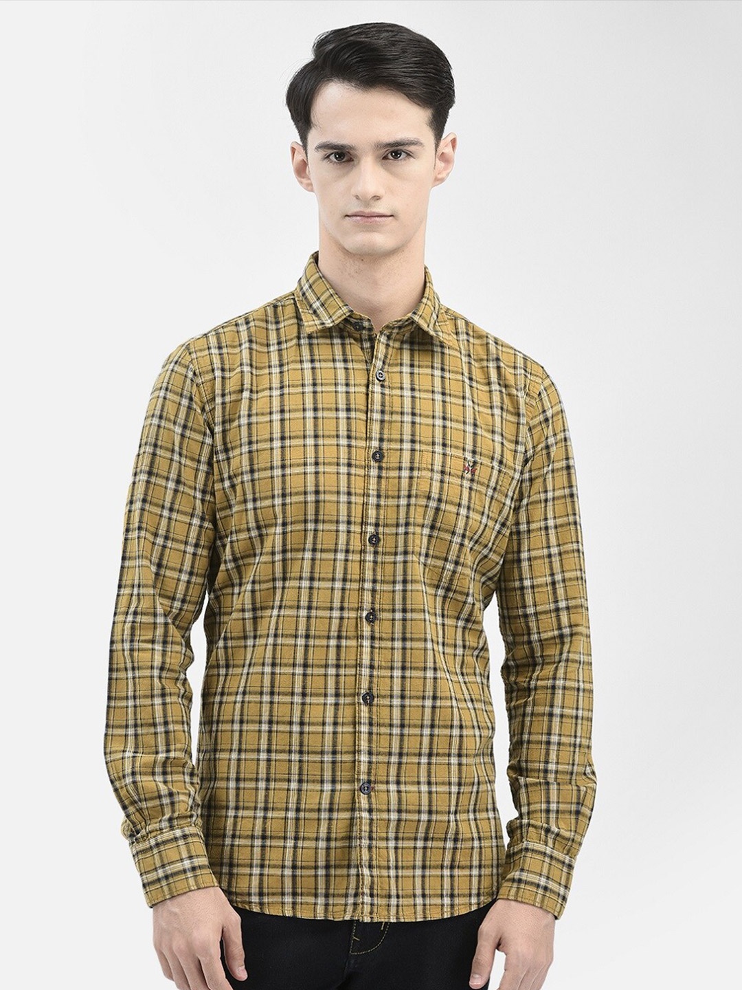 

Crimsoune Club Checked Slim Fit Pure Cotton Casual Shirt, Mustard